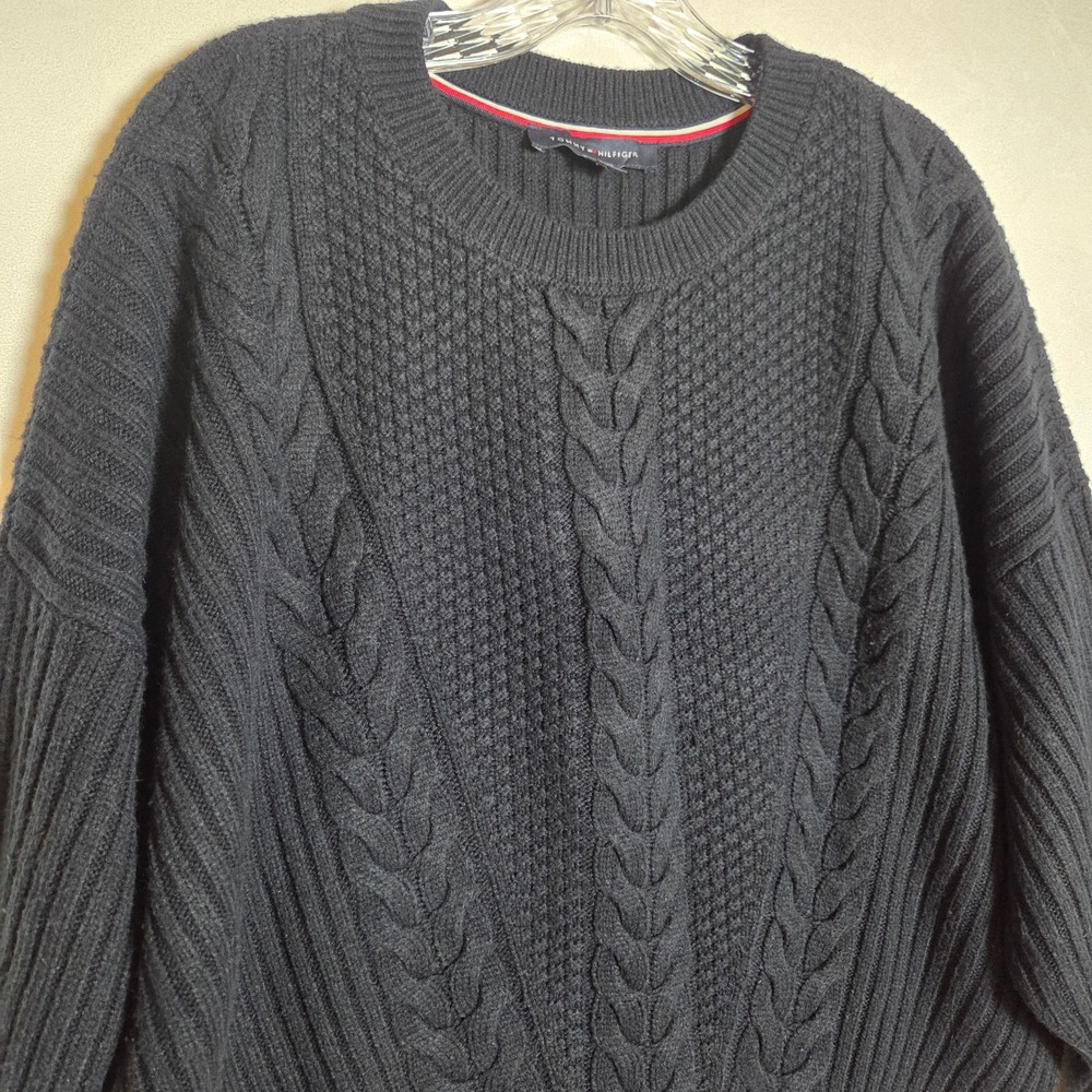 Tommy Hilfiger Women Navy Blue Cable Knit Dolman Sleeve Sweater Preppy Coastal